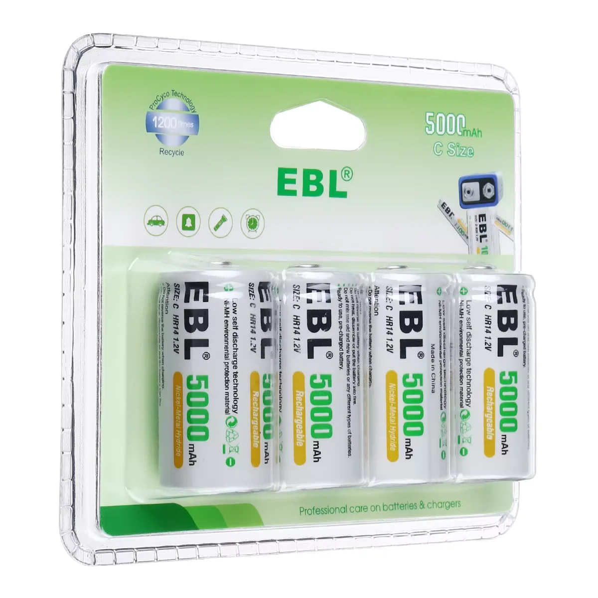 Pack of 4 New Retail Package EBL Factory Supplier Rechargeable C Battery 1.2V 5000mAh Eco-friendly Ni-MH Battery