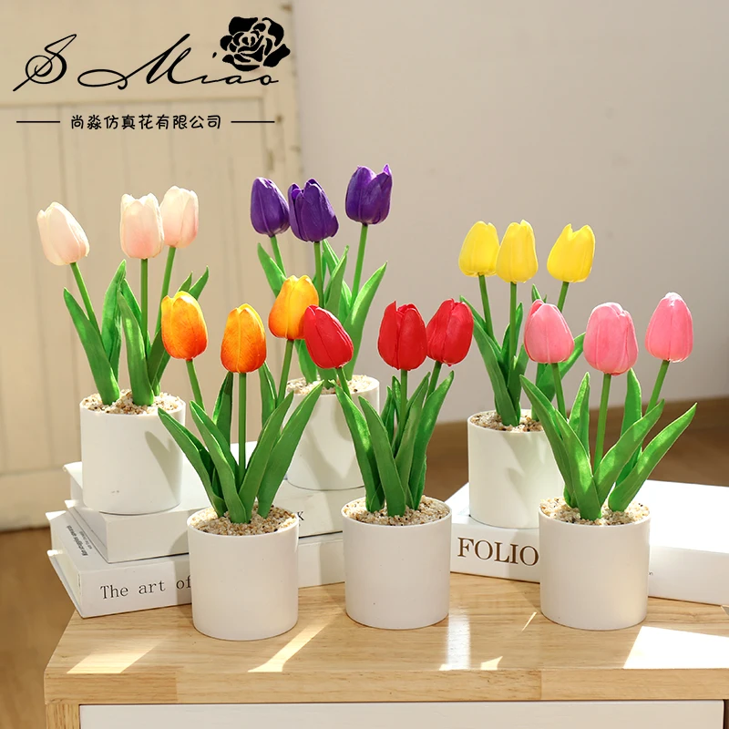 Home New Chinese Style Artificial Three Heads PU Tulip Bonsai Decoration Office Plastic Green Plant Bonsai Simulation