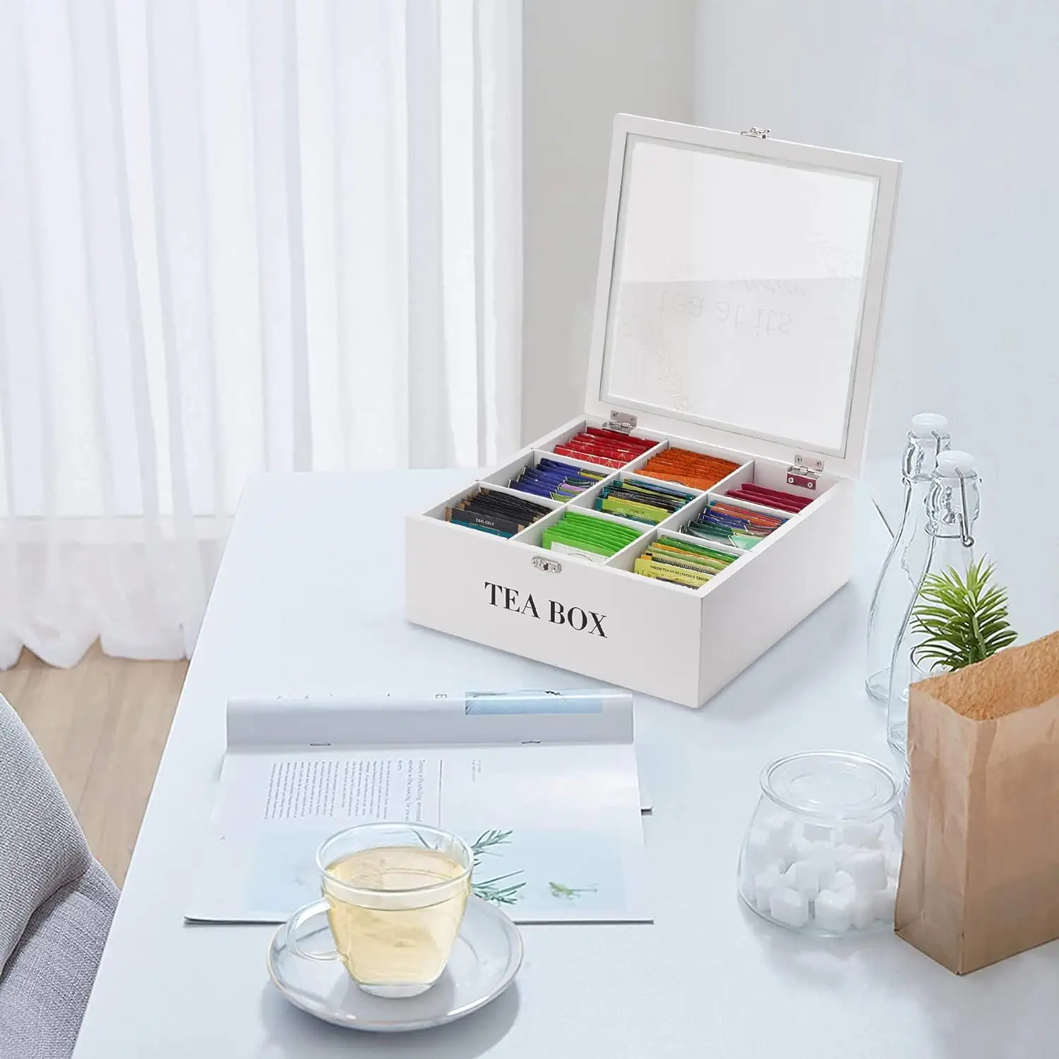 Modern 9 Compartment Wooden Tea Bag Holder Container Tea Caddy Box Organizer with Glass Cover for Display