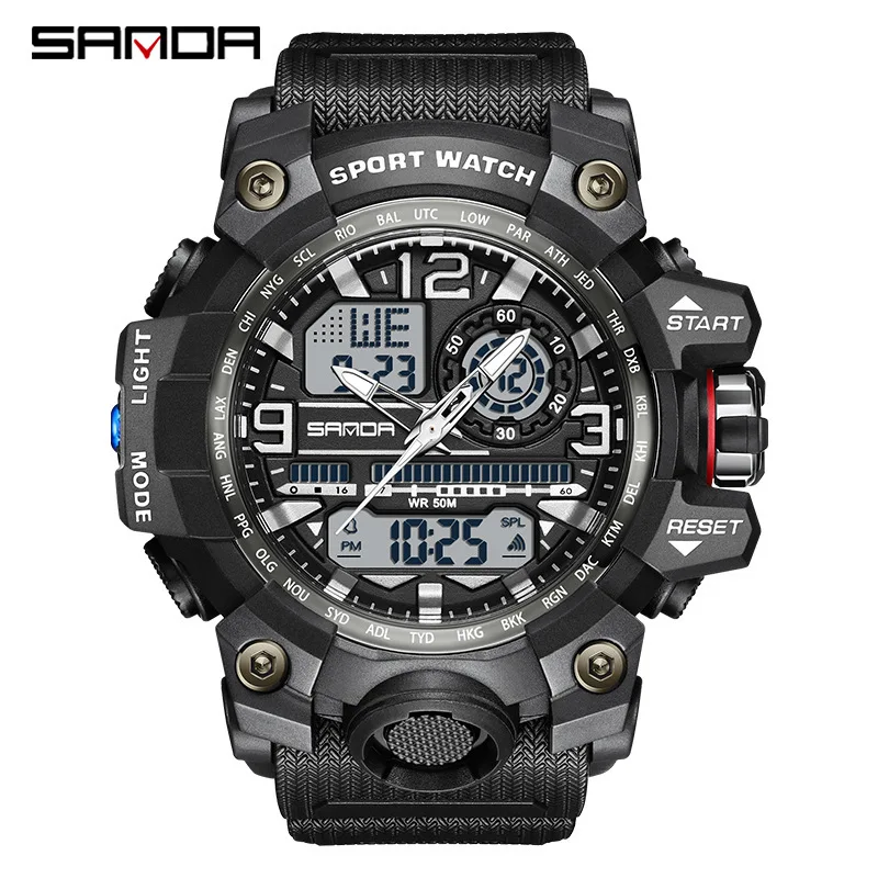 SANDA premium brand 5ATM deep waterproof shockproof hourly reporting digital sports watch men trend release