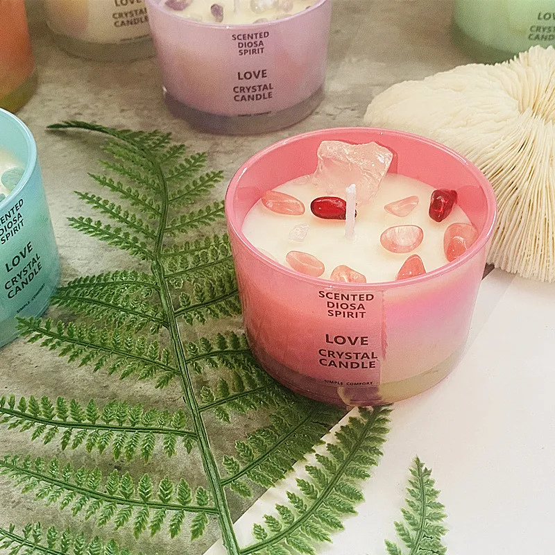 Scented Candles Crystal Stone Ore with Glass Cup Dried Flowers Aromatherapy Candle Home Wedding Birthday Holiday Party Decor
