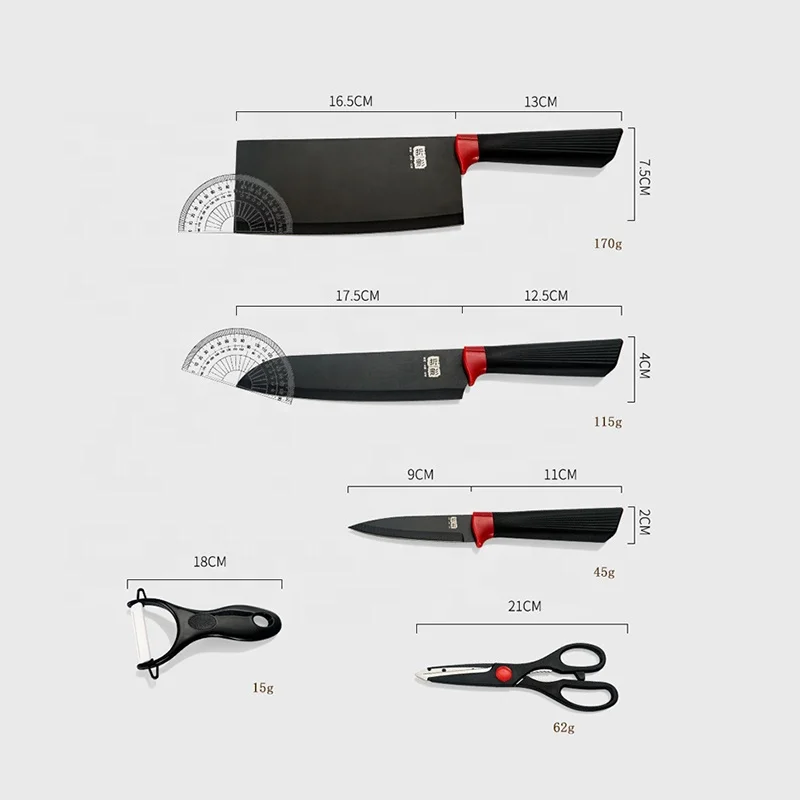 Fashion gift 6pcs stainless steel black kitchen knife set kitchen cooking scissors chef chopping peeler knives