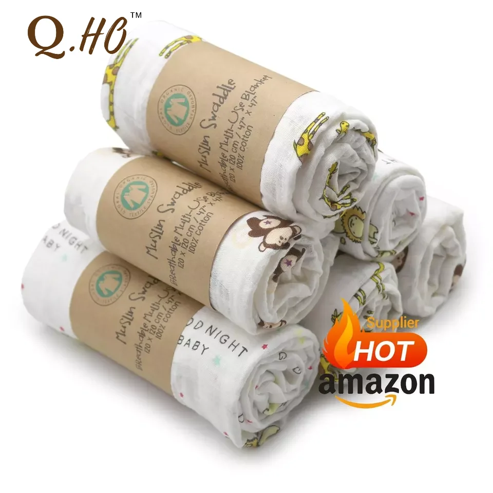 High Density Custom Print Design 2-6 Layers Receiving Blankets Muslin Squares Bamboo Cotton Baby Muslin Swaddle Blanket