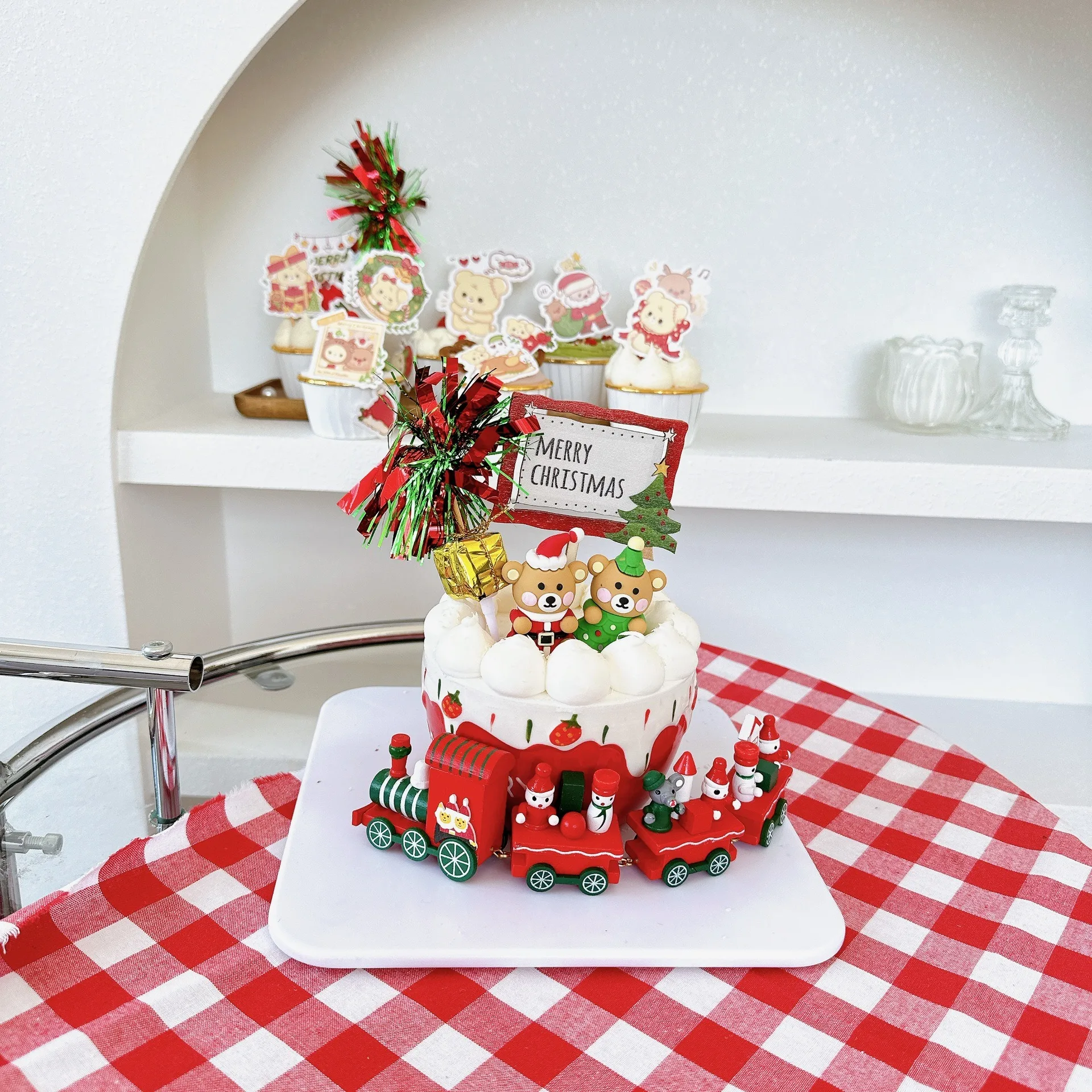 Korean Ins Style Wooden Christmas Cake Decoration Colorful Wholesale Wooden Party Supplies for Festive Cake Display