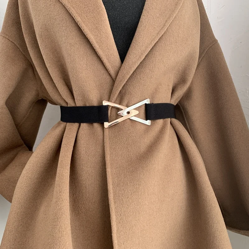 Elastic Waist Belt Waistband Gold Triangle Buckle Belts for Women Dress Coat