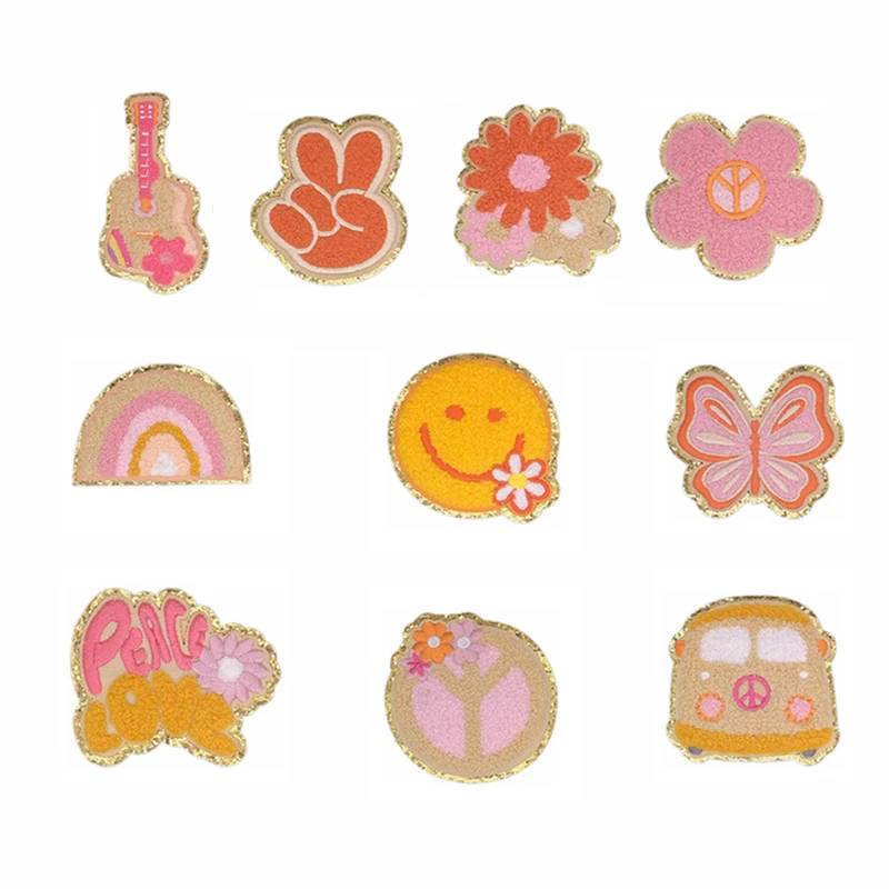 New design yellow color flower guitar bus smile face MAMA butterfly embroidered chenille iron patches for jeans