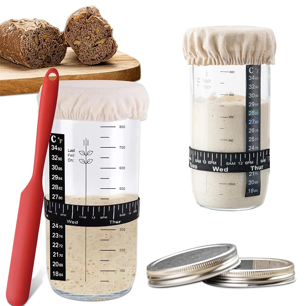 XL 24oz 33oz Sourdough Starter Glass Jar Kit Bread Fermentation Container with Marked Band,Thermometer, Spatula,Cloth Cover& Lid