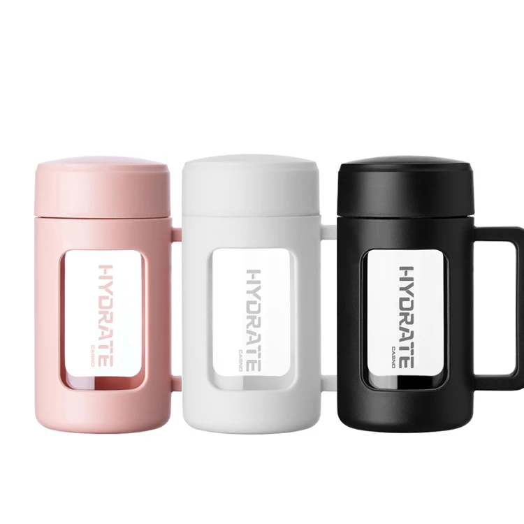 Unique Desgin Transparency Custom Borosilicate Drinking Glass Water Bottle with Handle and Silicone Sleeve