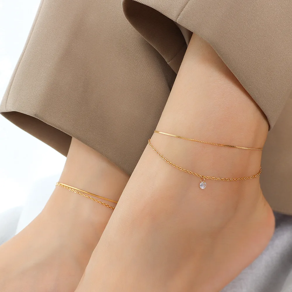 Jachon Simple Double Layered 18k Gold Plated Stainless Steel Link Chain Single Zircon Anklet 18K Gold Bracelet for Women Jewelry