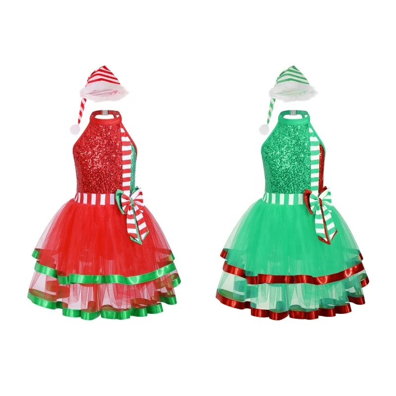 6-16 Kids Sleeveless Sequin Tutu Leotard Children Dress Set With Hat For Holiday Festival Christmas Party Dresses For Girls