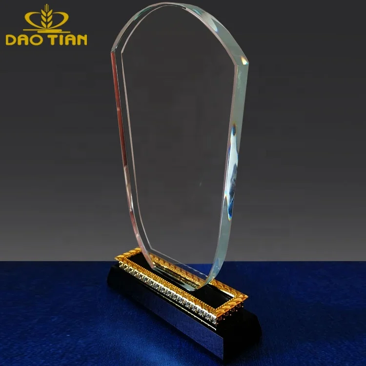 wholesale high quality k9 blank crystal trophy award metal crystal shields awards trophies with Golden trim base