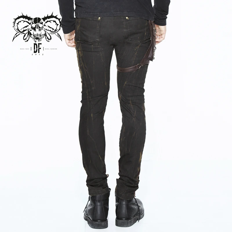 PT079 Devil fashion detachable leather bag brown men steampunk slim trousers