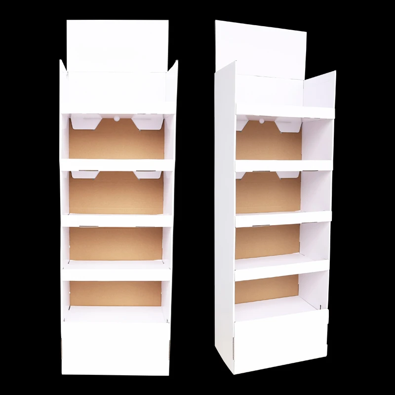 Custom Plain White Foldable Corrugated Paper Floor Shelf Rack Cardboard Shipper Display