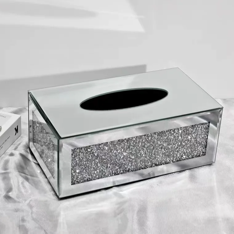 Crushed Diamond Mirror Silver Luxury Unique Crushed Diamond Rectangular Mirrored Tissue Box Tissue Holders Mirror Tissue Box