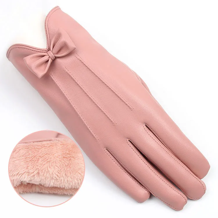 High Quality Fashionable Sheepskin Fake Leather Gloves Ladies Soft Printed Winter Sports Outdoor Casual Gloves Wool Lining High