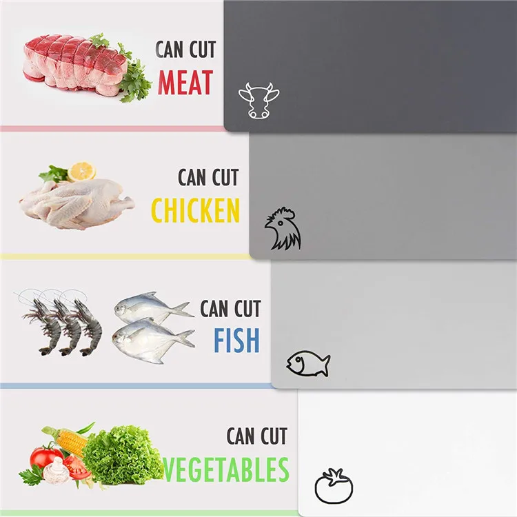 Set Of 4 Pcs Kitchen Plastic Cutting Boards With Food Icons For Meat Vegetable Fish Chicken