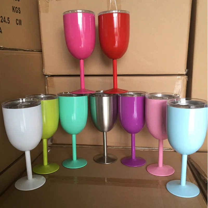 Double Wall Stem glass 304 Stainless Steel Metal 10OZ Silver Wine Glass Colored Wine Goblet with Lid