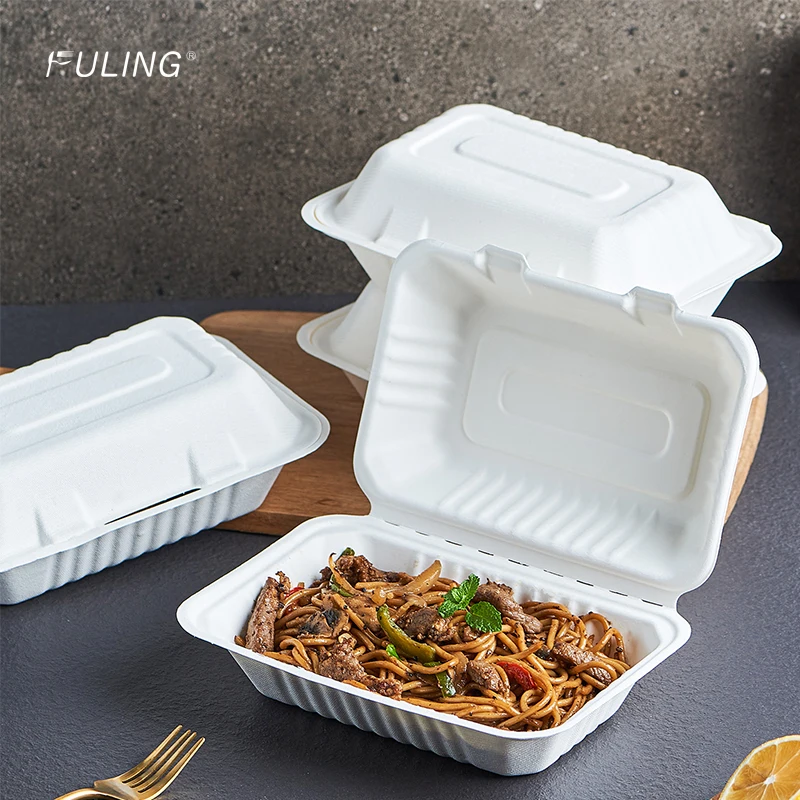 FULING Biodegradable paper plate disposable tableware bagasse food container clamshell lunch box to go