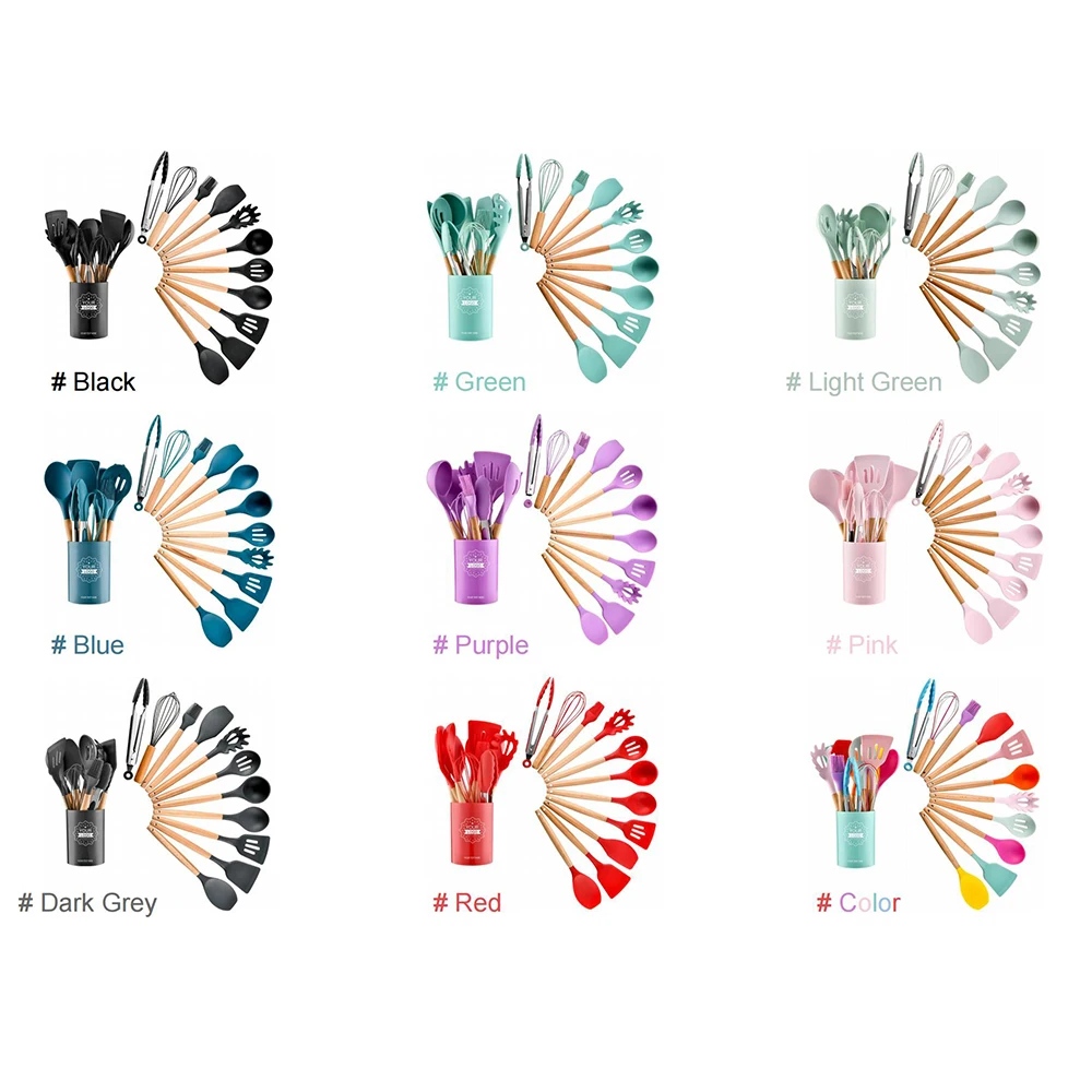 Smartpan Оптовая партия из 12 шт. кухонные аксессуары инструменты для приготовления пищи пищевого силикона кухонная утварь набор барбекю с деревянными ручками