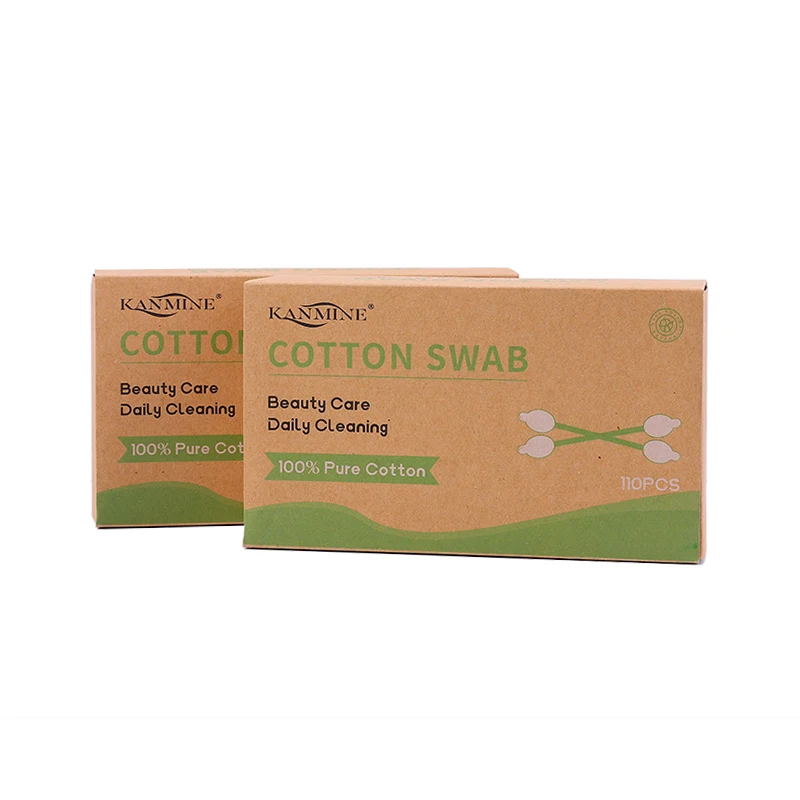 Eco-friendly Biodegradable Cleaning Organic 110Pcs Baby Gourd Head Paper Stick Cotton Bud With Kraft Box Package