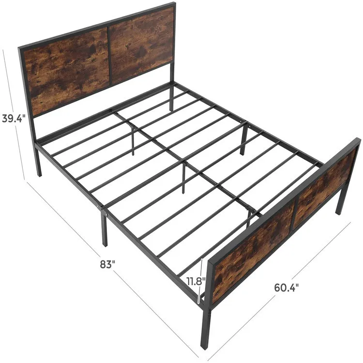 Kainice Factory Produce Antique Style Bed Handwork Wooden Headboard Wrought Iron Slats Double Size Wooden Bed Designs