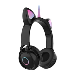 Christmas Unicorn Hot Ture Wireless Headset Cute Earphone for Girls Cat Ear Kids Headphones with Colorful Light TF Card Playback