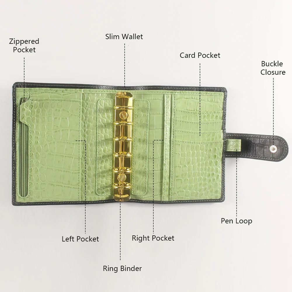 Custom A7 Small Luxury Unsex Loose Leaf Crocodile Leather Planner Binder Organizer Notebook with 6 Rings Binders