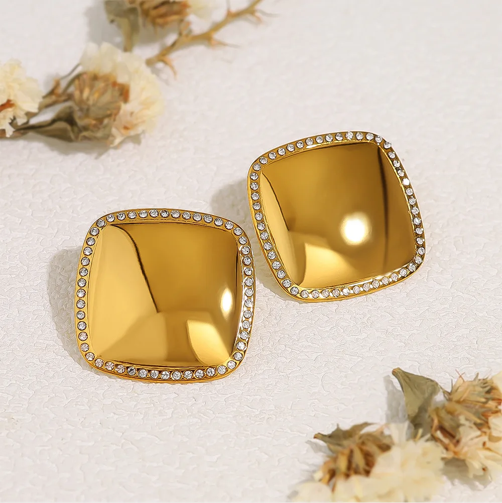 Fancy Big Steel Chunky Crystal paved Square Earrings Gold Women Fashion Jewelry Earrings