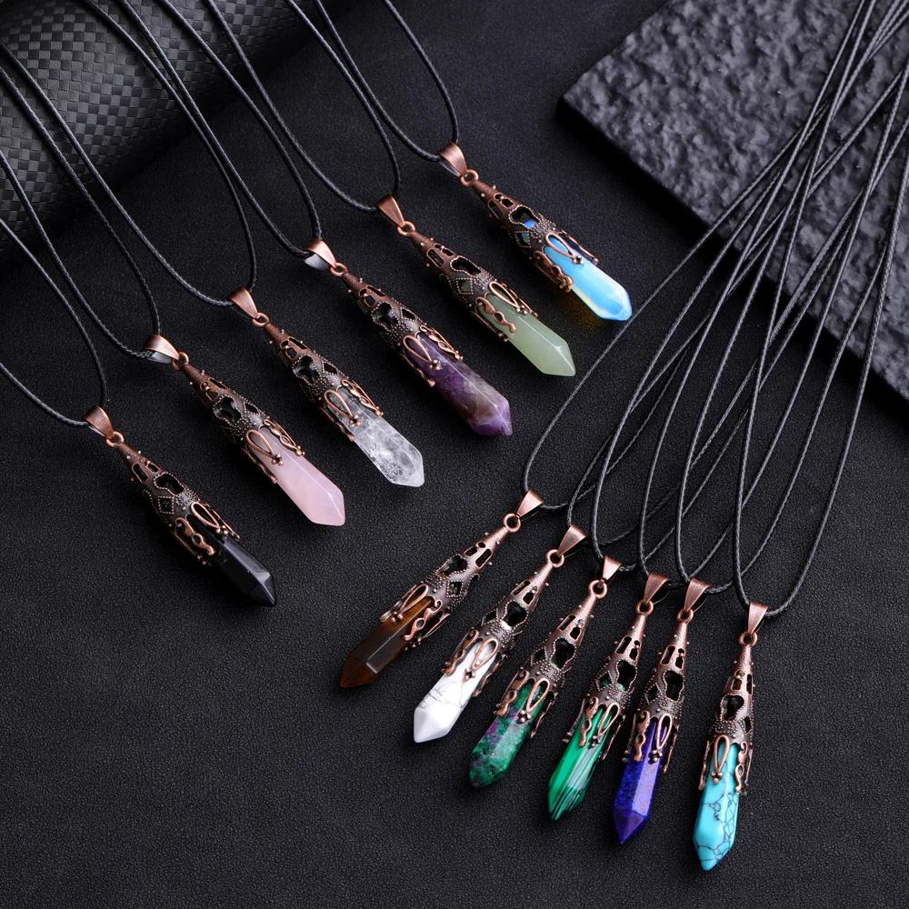 Hexagonal Prism Crystal Stone Antique Magic Wand Pendant Necklace Men Women