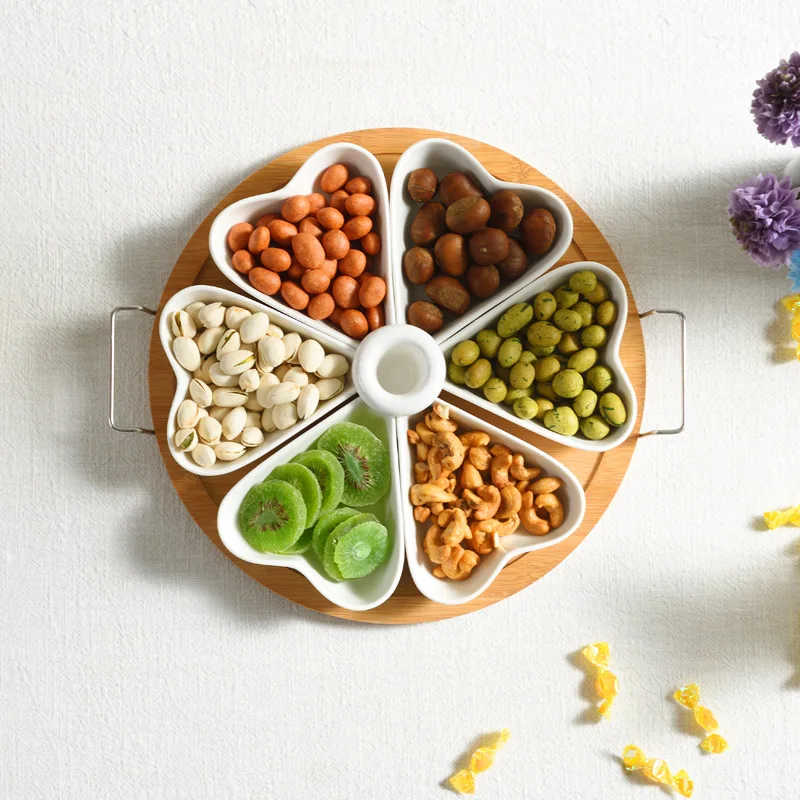 Follower Shape Nordic style tableware 8  pcs serving small ceramic dessert bowl with bamboo tray