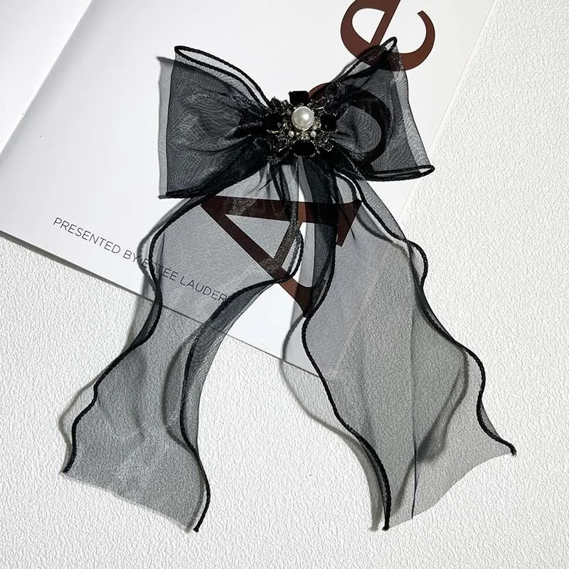 Stylish Korean Version Small Fragrant Wind Mesh Bow Tie Brooch High Grade Pearl Pin Brooches Exaggerated Black Diamond Jewelry