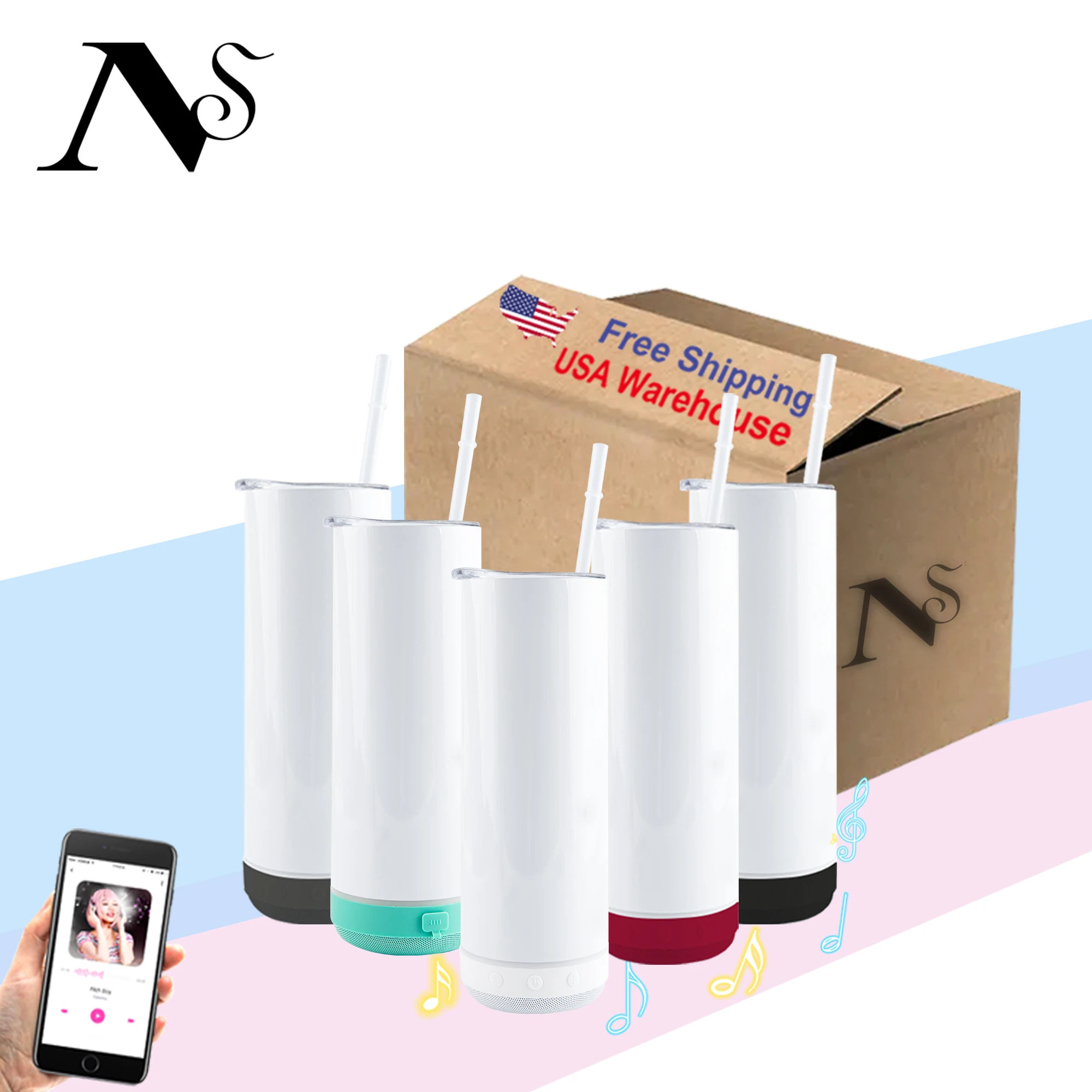 USA warehouse free ship Straight White Sublimation Blank Usb Led Light Wireless Speaker Water Cup Skinny Tumbler