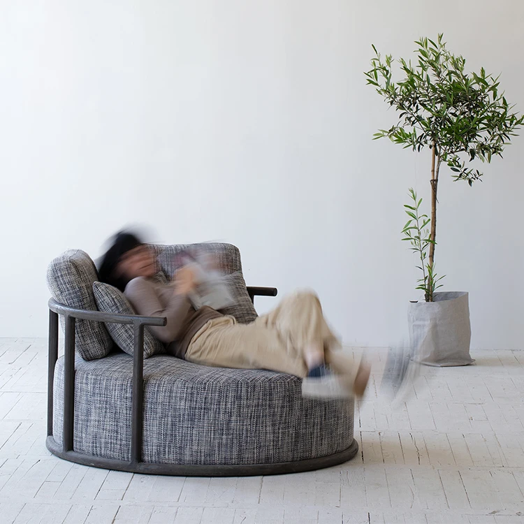 Mid century decorative home furniture comfortable three seater round living room fabric sofa with pillows