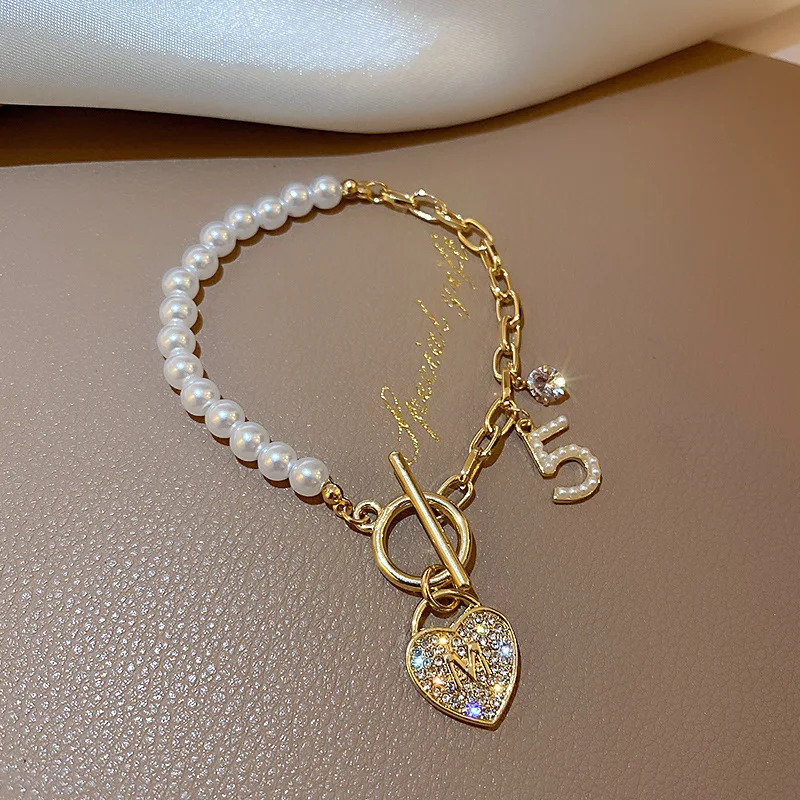 Barlaycs String Bracelet Charm Designer Gold Plated Pearl Beaded Link Chain T Buckle Rhinestone Heart Dangle Jewelry for Women