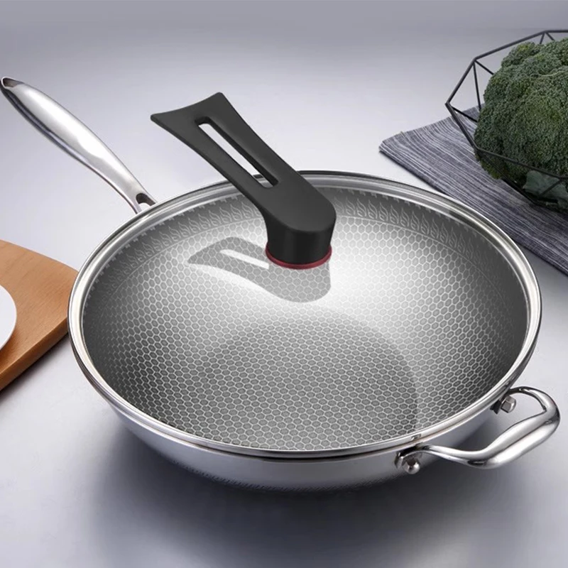 New Design Three-Layer Nonstick Stainless Steel Wok Pan with Lids Honeycomb Cooking Frying Pan for Hotels