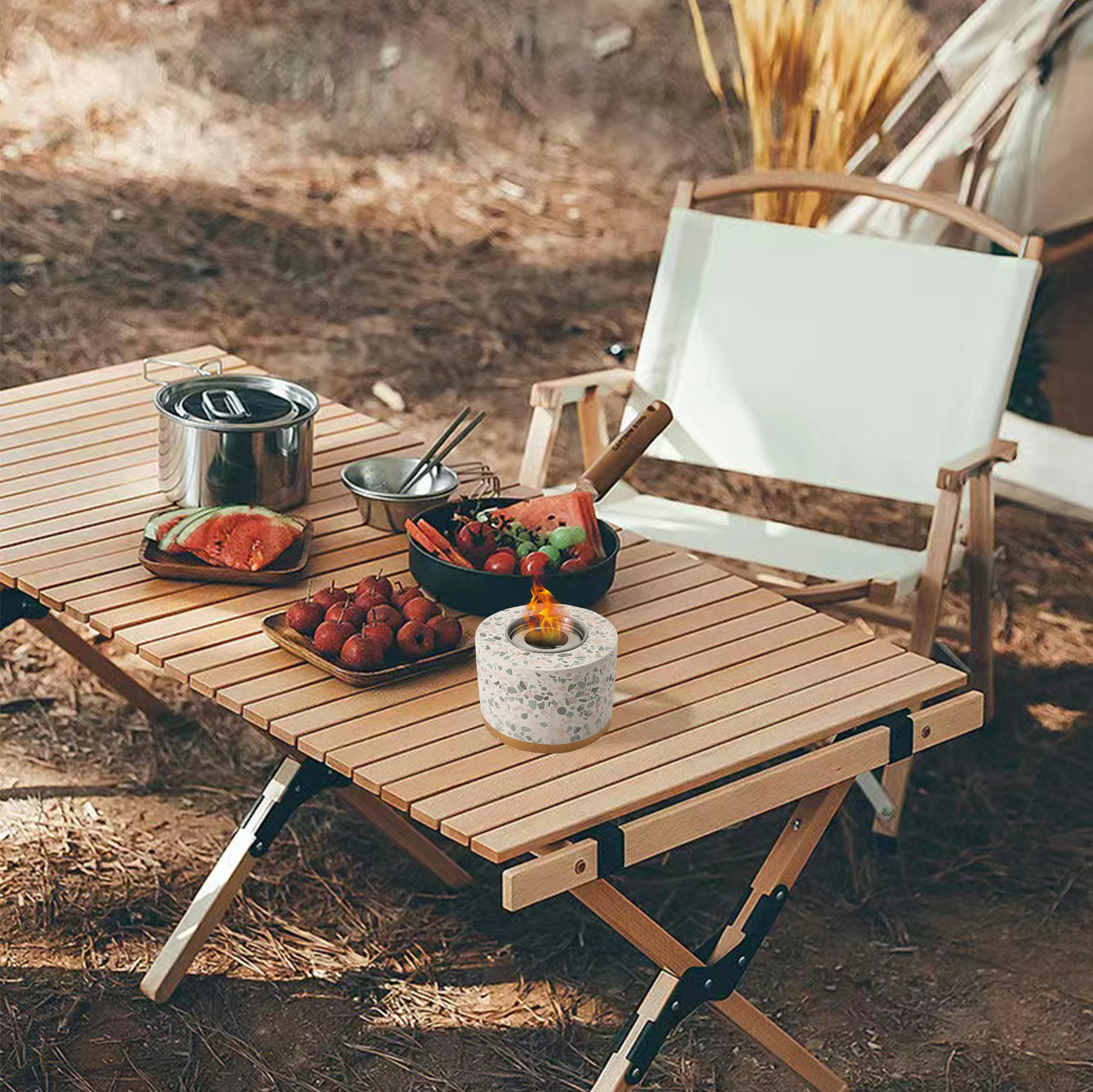 Portable Outdoor & Indoor Concrete Tabletop Fire Pit Bowl, Bioethanol Fuel Tabletop Smores Fire Pit with Roasting Sticks