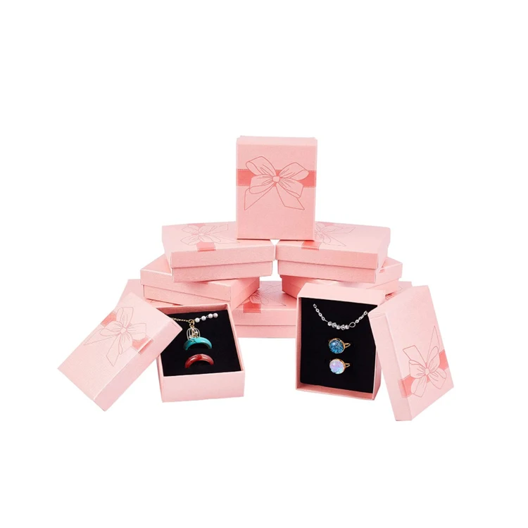 Pink Rectangle Cardboard Jewelry Gift Box Packaging Small Kraft Box for Jewelry Set with Sponge Liner Cushion