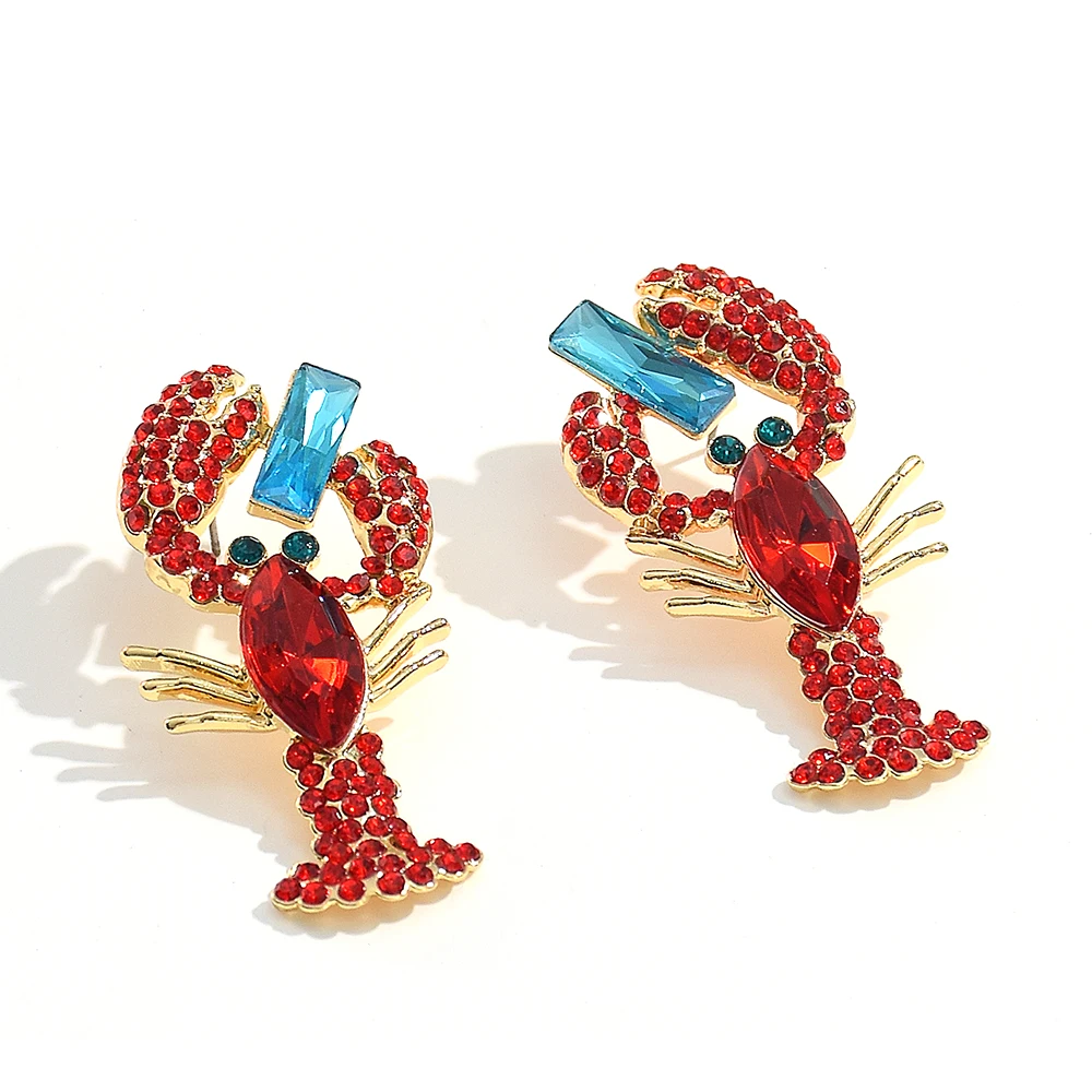 Wholesale Red Crystal Crayfish Dangle Earrings Fashionable Animal Shrimp Design Alloy Jewelry for Women for Gifts and Parties