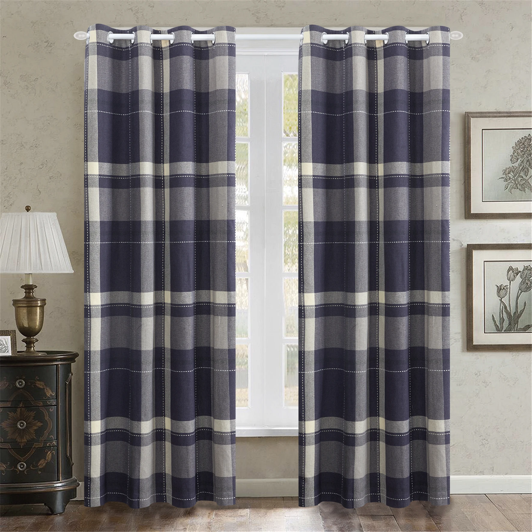 Amity Modern Plaid Polyestergrommet Curtains Double Plaid Jacquard Eyelet Decorative Curtains for Home Hotel 10 Window Curtains