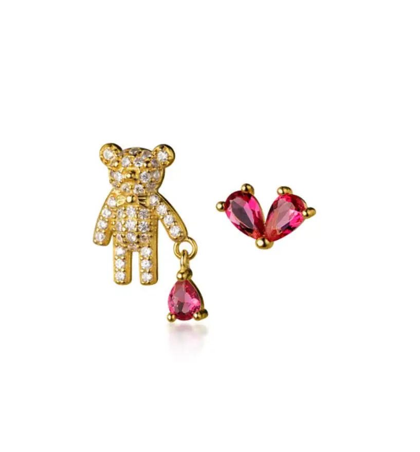 SE104-709 Halo korean style gold plated ruby crystal irregular bear stud earrings
