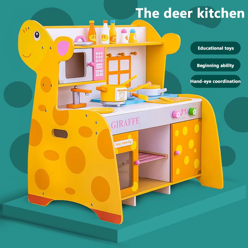 2022 New Design Creative Simulation Deer Style Wooden Play Kitchen Set with Cookware, Interesting Gift for Children
