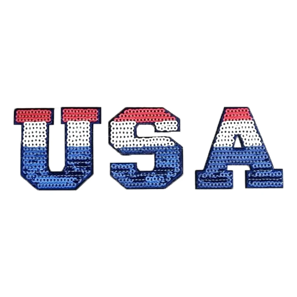 Wholesale usa letter sequin iron on patches custom usa flag chenille sequin embroidery patch For Clothes hats