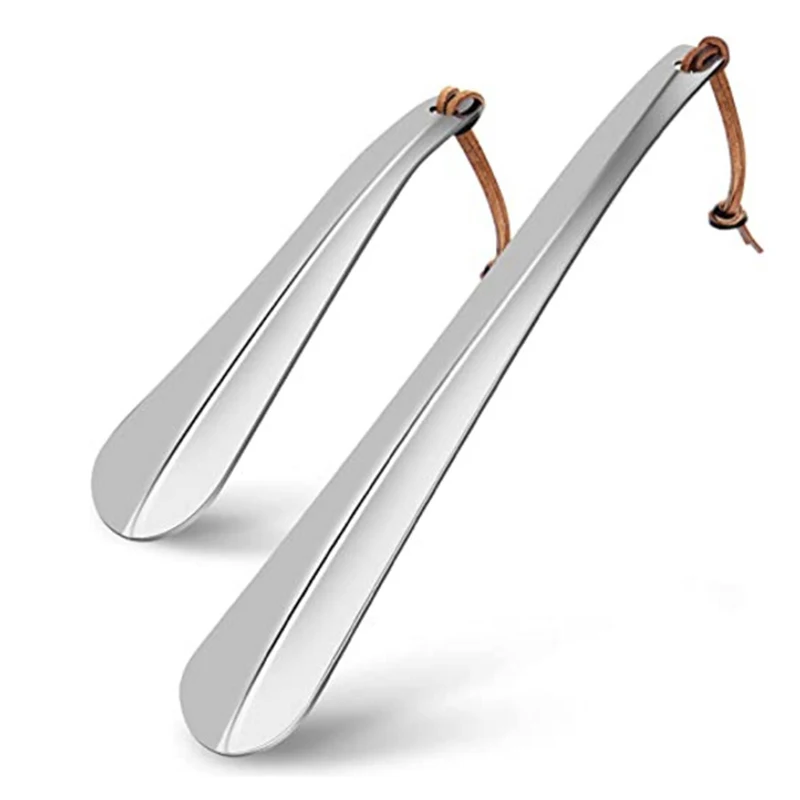 High Quality Leather Rope Long Handle Stainless Steel Metal Shoehorn For Old Pregnant woman