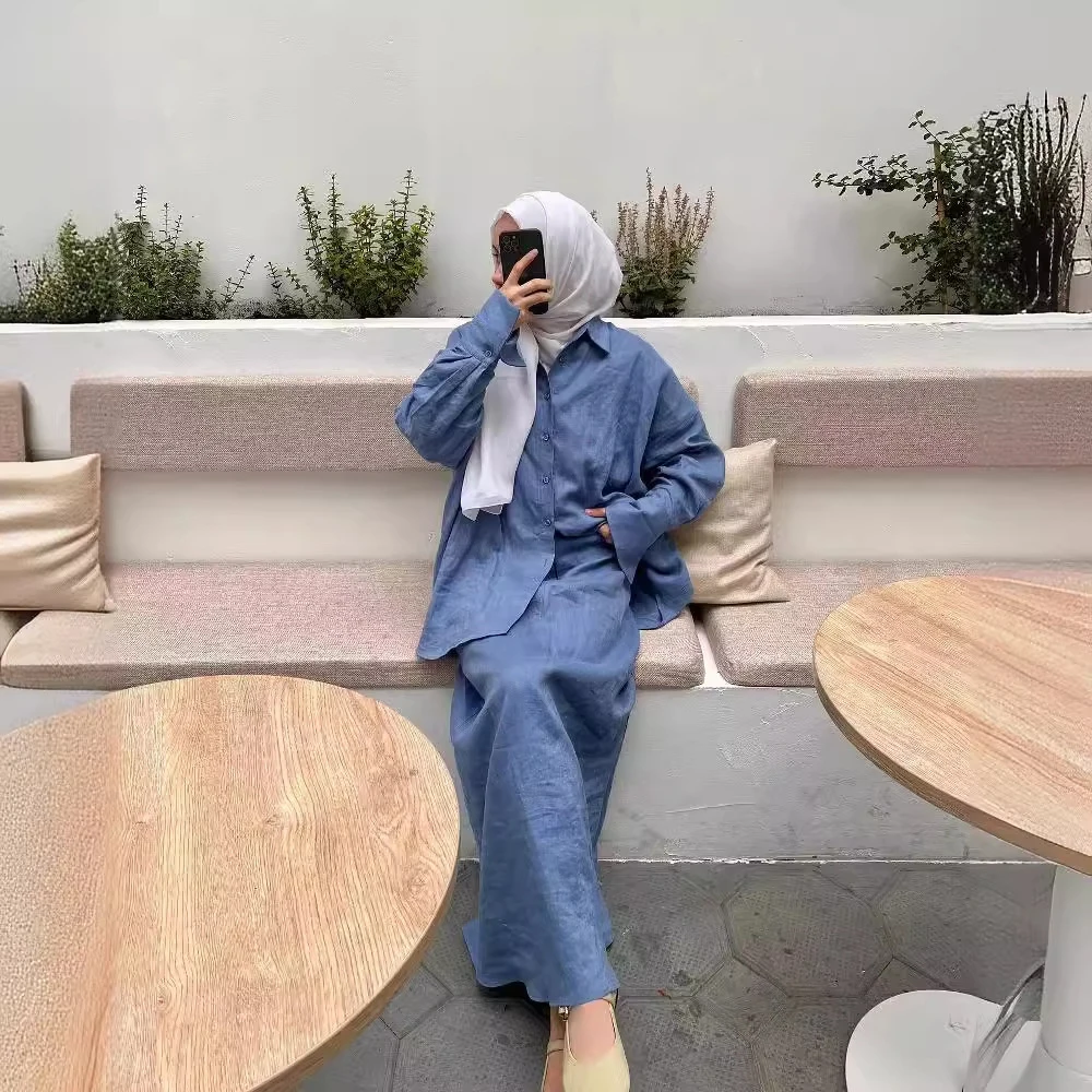 Women Shirts Kimonos Abaya 2 Piece Set Skirt Ladies Casual Wind Wholesale Dubai Turkey Women Muslim Dress Islamic Clothing 2024