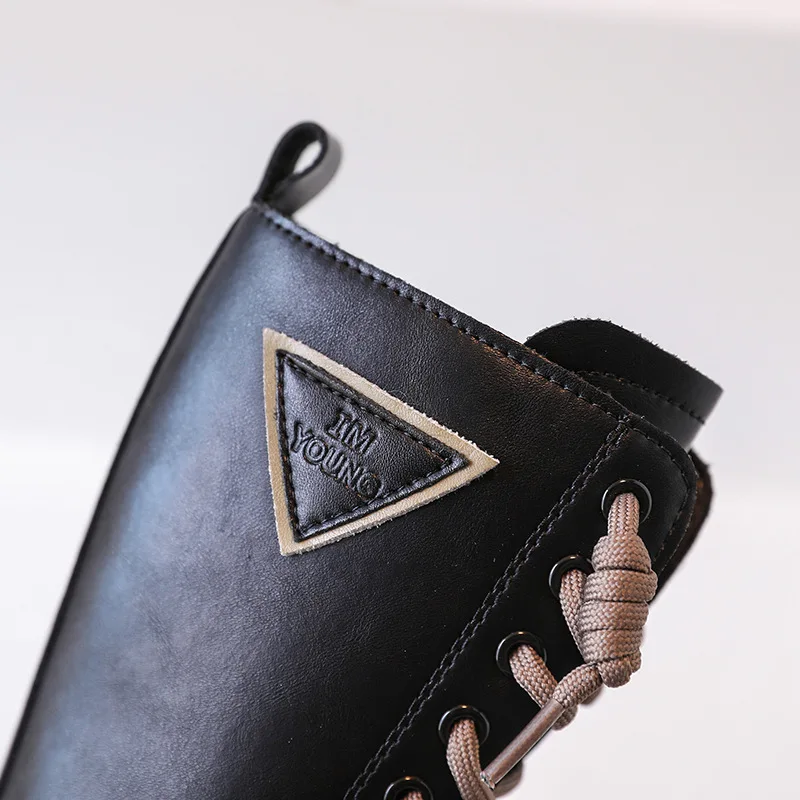 Girls High Boots Kids Fashion Solid Black Uniform Party Shoes Zip Winter Warm Breathable Low Heels Children Boots