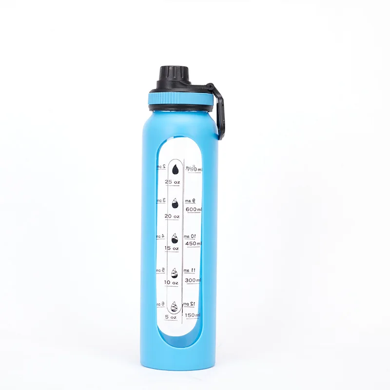 Hot Sell Personalized BPA Free Eco Friendly Nice Clear Iridescent Girl Glass Water Bottles with Silicone Sleeve Time Marker