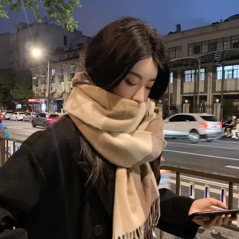 New cashmere scarf winter Korean version warm neck simple fashion plaid senior sense fringe cape wholesale