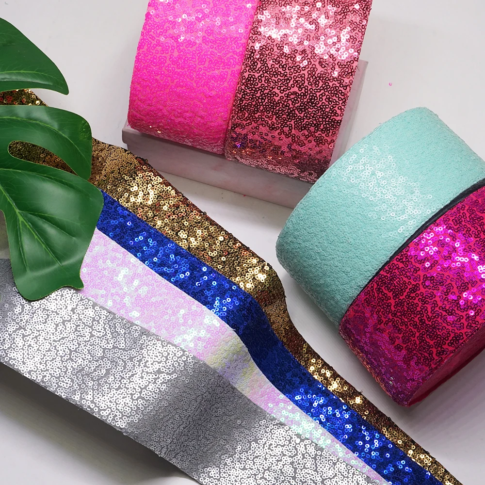 75mm Glitter Sequin fabric Ribbon for Hair Bows Headband Customize 25 yards Ribbons Yards Roll Wholesale DIY
