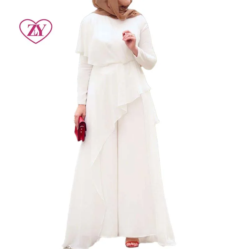 White Muslim Jumpsuit Easy-wearing with Waist Belt Embellished Stones Modest Islamic Attire Gown Abaya Hijab Dresses Not Lined