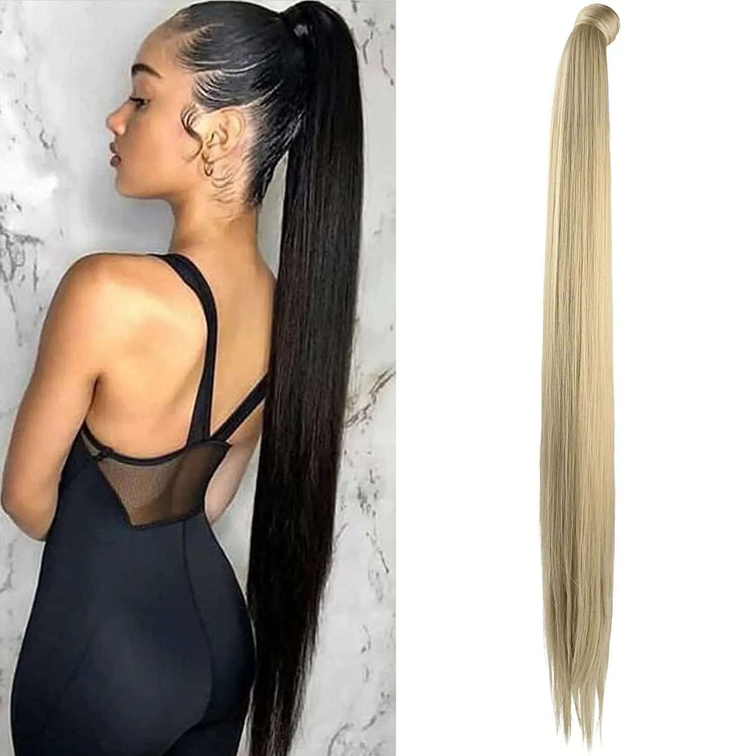 Real Human Hair Ponytail Black Peruvian Human Hair Ponytail Hair Extensions Straight Body Water Deep Wave 10~24 Inch In Stock